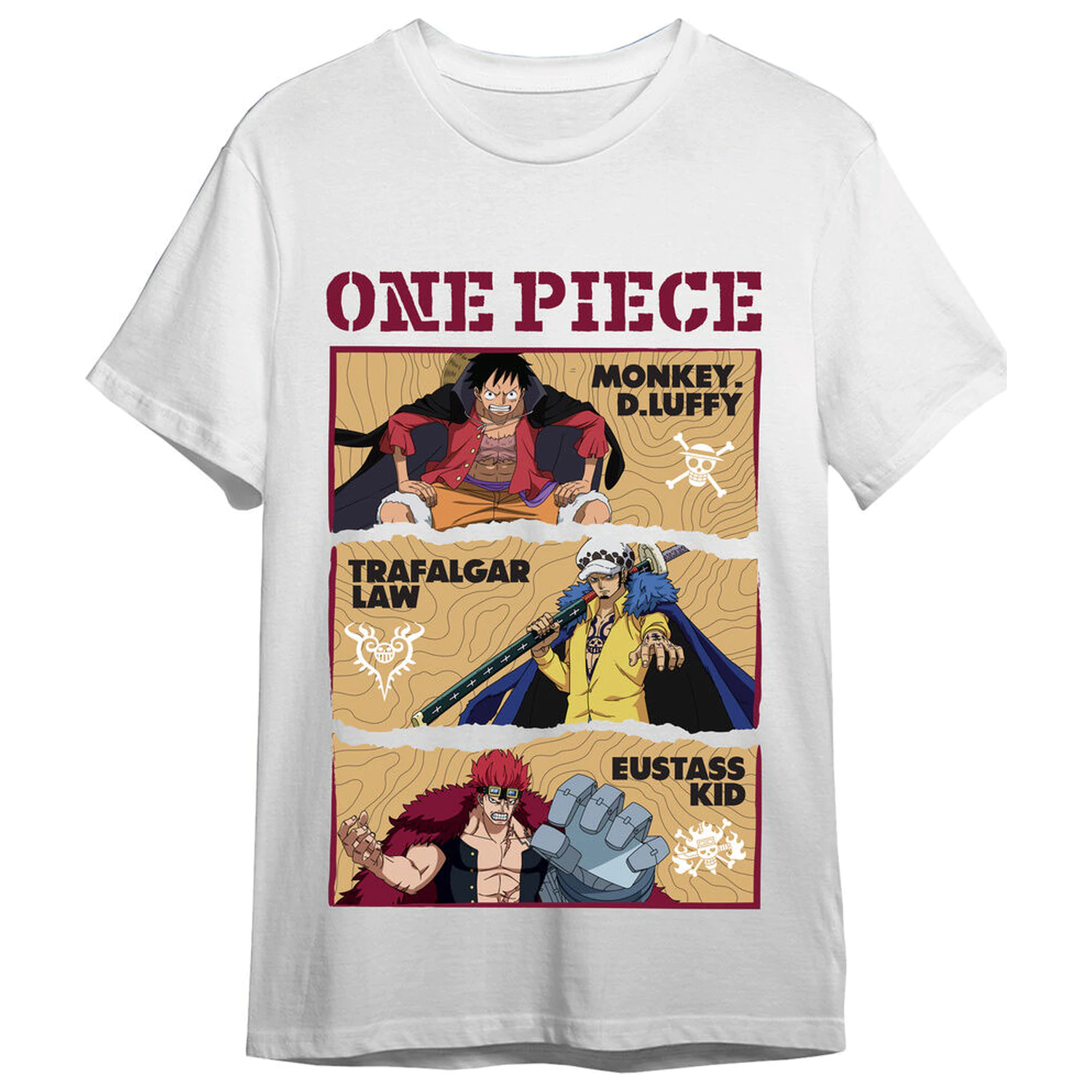 One Piece Monkey D. Luffy, Trafalgar Law & Eustass Kid odrasla majica fotografija izdelka