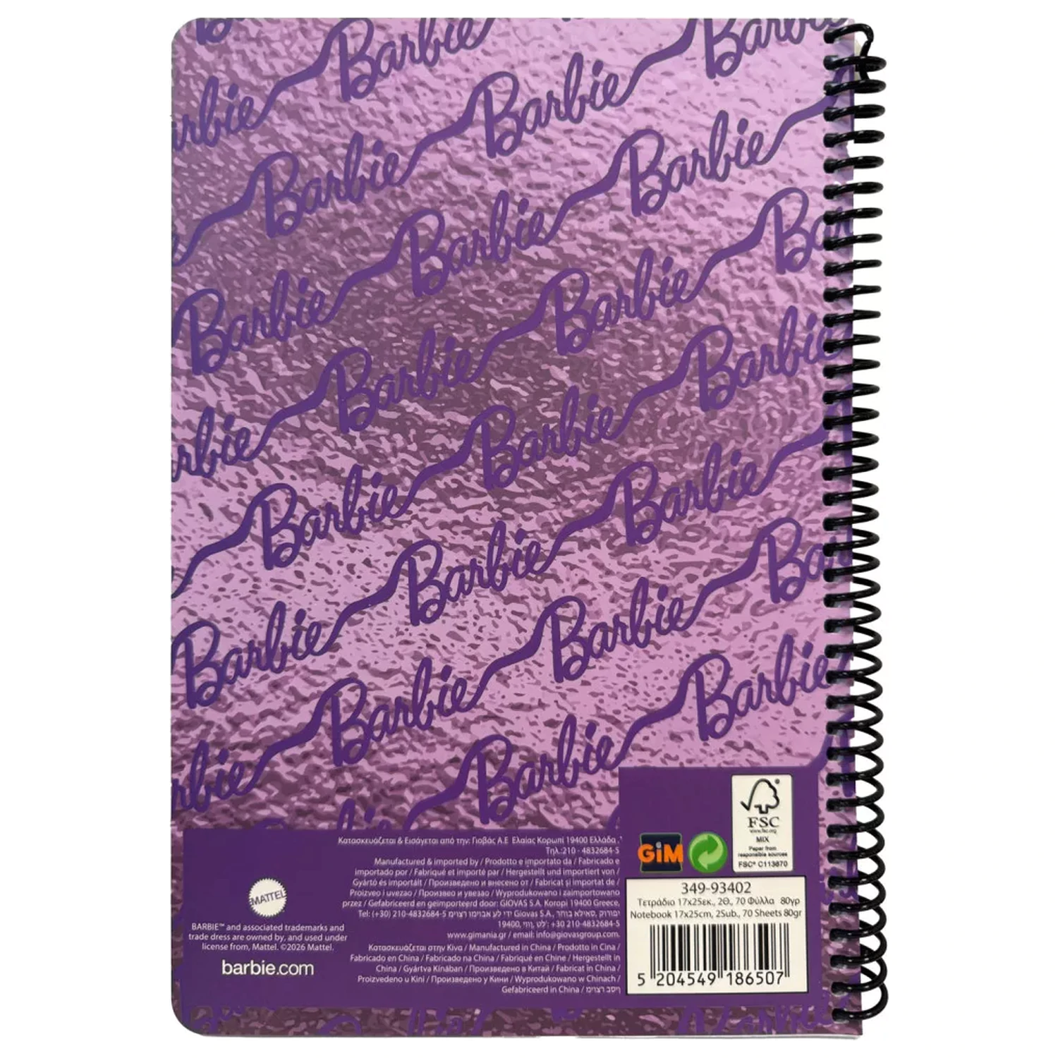 Barbie Purple B/5 črtasti spiralni zvezek 70 listov fotografija izdelka