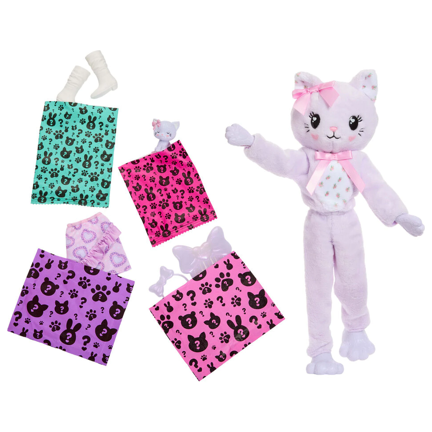 Barbie Sweet Ties Cutie Reveal Lilični Plišasti Maček punčka fotografija izdelka