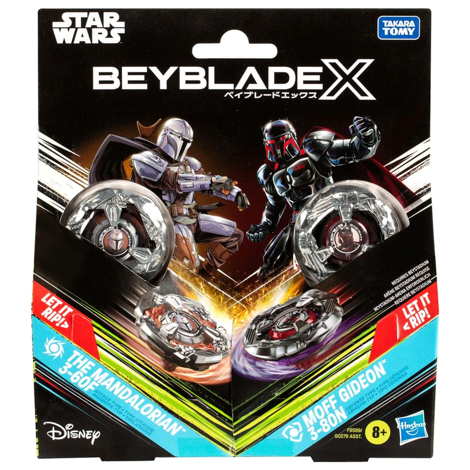 Beyblade X in Star Wars sodelovanje The Mandalorian 3-60F proti Moff Gideon 3-80N fotografija izdelka