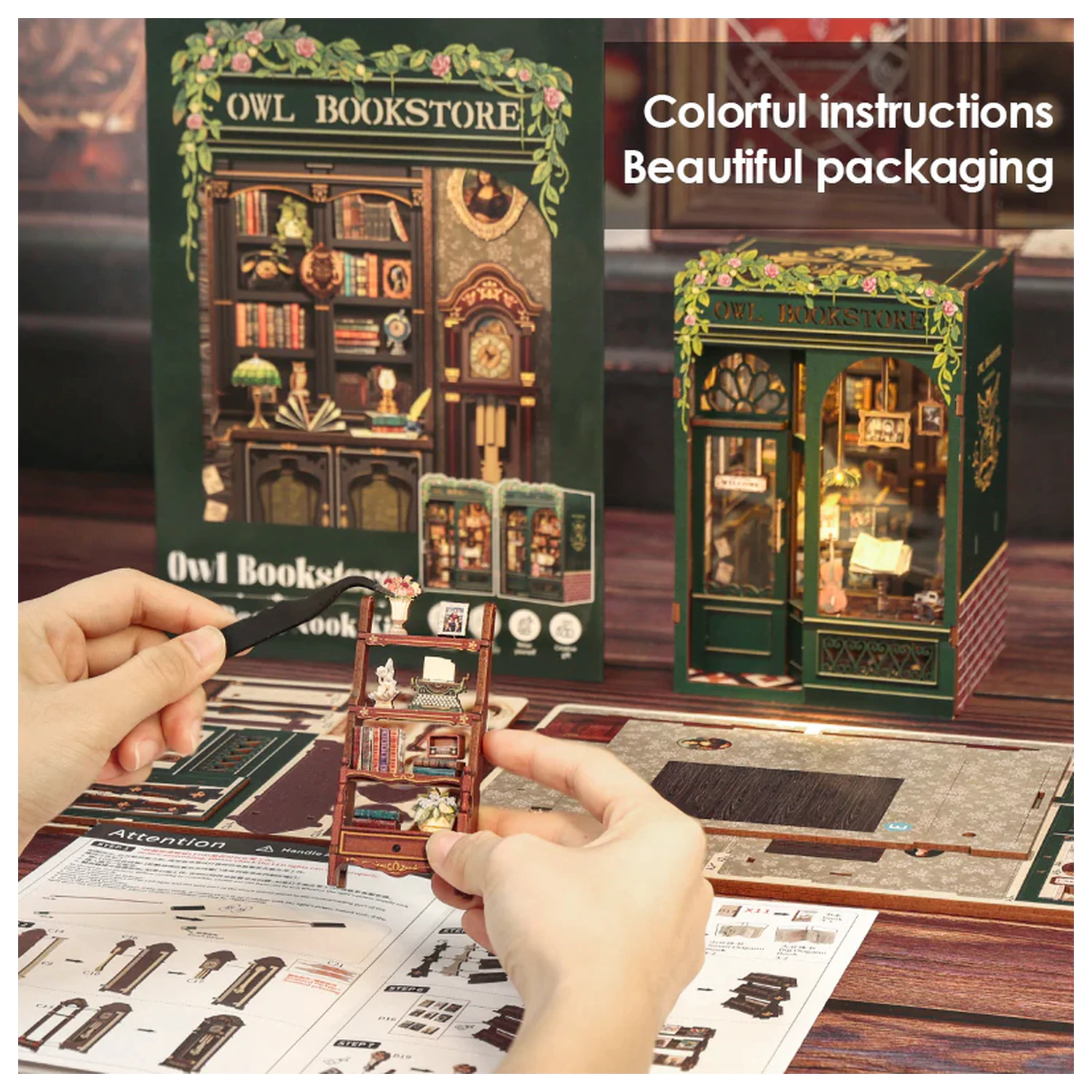 BOOK NOOK KIT DIY Owl Bookstore 139 kos + LED lučka konstrukcijski set fotografija izdelka