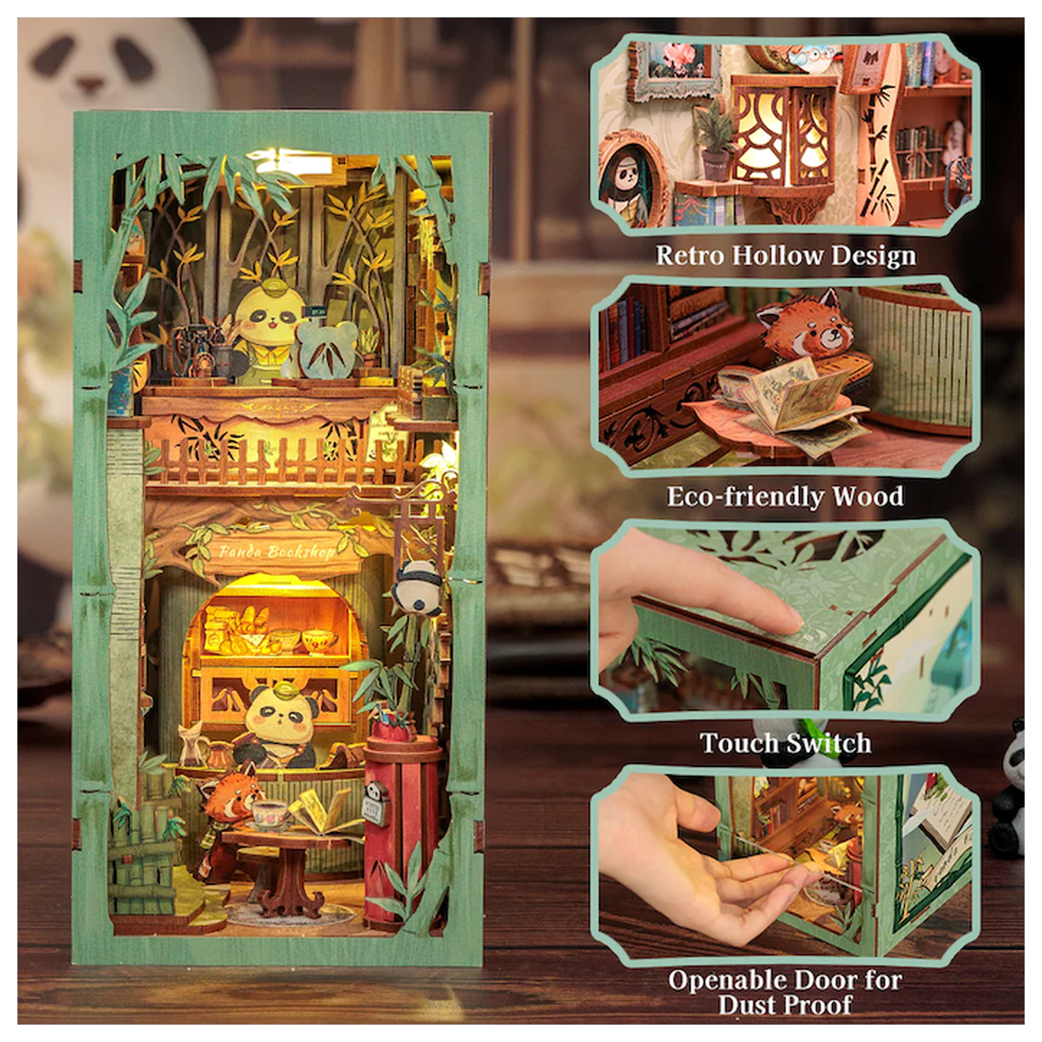 BOOK NOOK KOMPLET DIY Panda Bookshop 239 kosov + LED Lučka fotografija izdelka