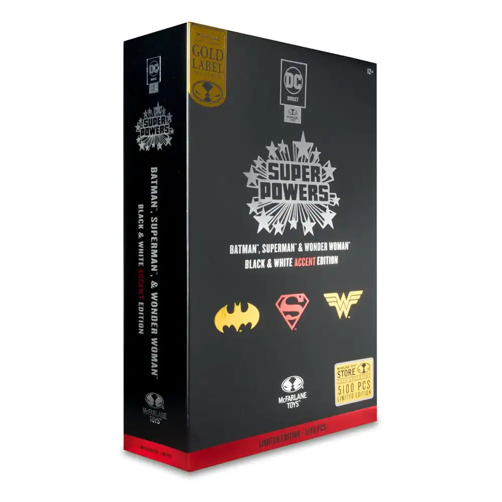 DC Direct Super Powers akcijske figure Batman, Superman & Wonder Woman Black & White Accent Edition Gold Label 13 cm fotografija izdelka