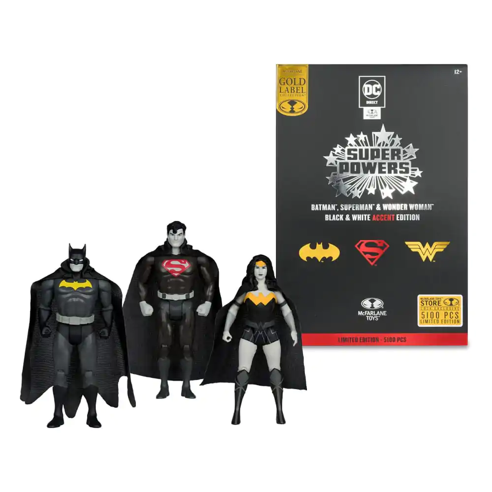 DC Direct Super Powers akcijske figure Batman, Superman & Wonder Woman Black & White Accent Edition Gold Label 13 cm fotografija izdelka