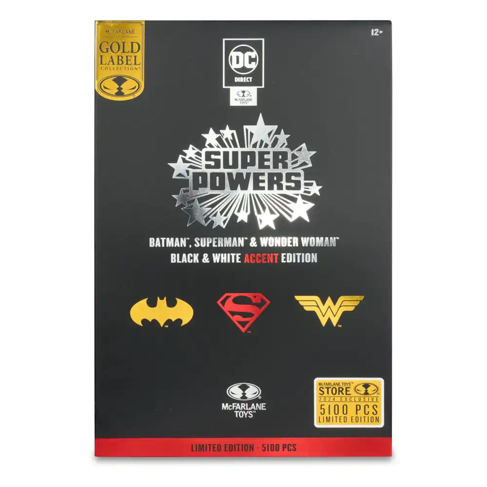 DC Direct Super Powers akcijske figure Batman, Superman & Wonder Woman Black & White Accent Edition Gold Label 13 cm fotografija izdelka