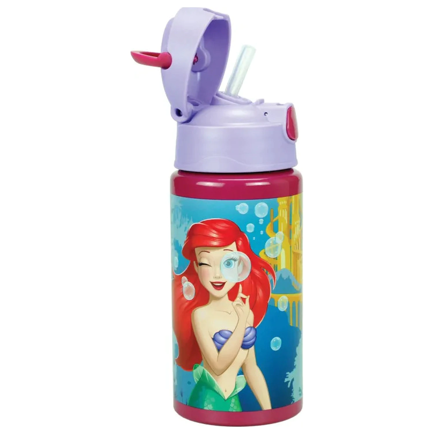 Disney Princess Ariel Fairytale Aluminijasta steklenička za vodo s slamico in kaveljčkom 500 ml fotografija izdelka
