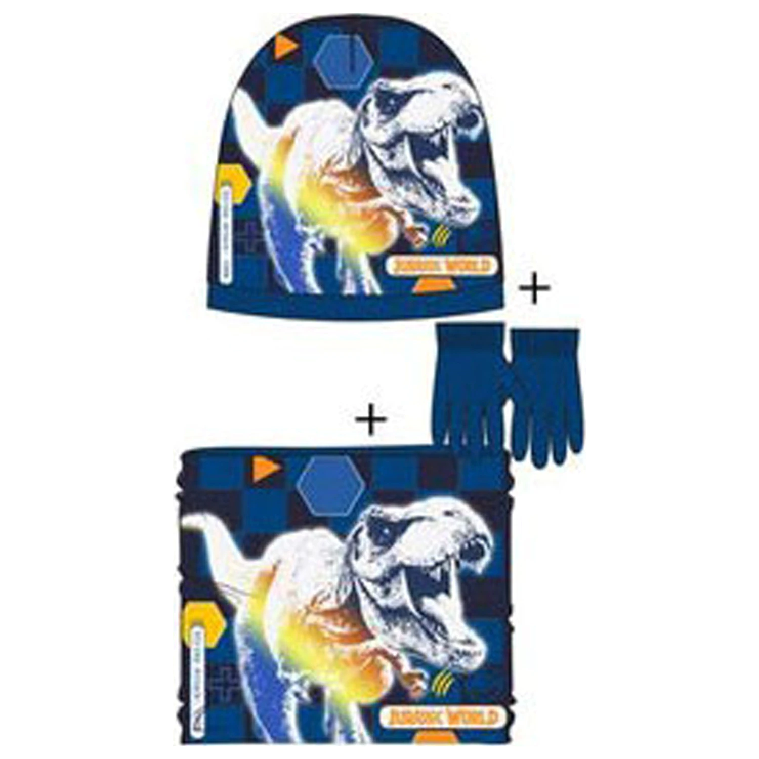 Jurassic World Attack Temno modra otroška kapa, ovratnik in rokavice komplet 54 cm fotografija izdelka