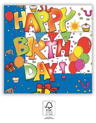 Kokliko Happy Birthday serviete 20 kos 33x33 cm FSC fotografija izdelka