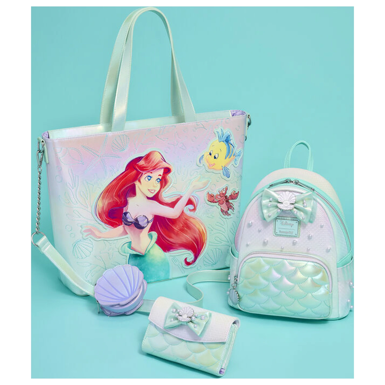 Loungefly Disney The Little Mermaid Ariel, Flounder in Sebastian torba s torbico za kovance fotografija izdelka
