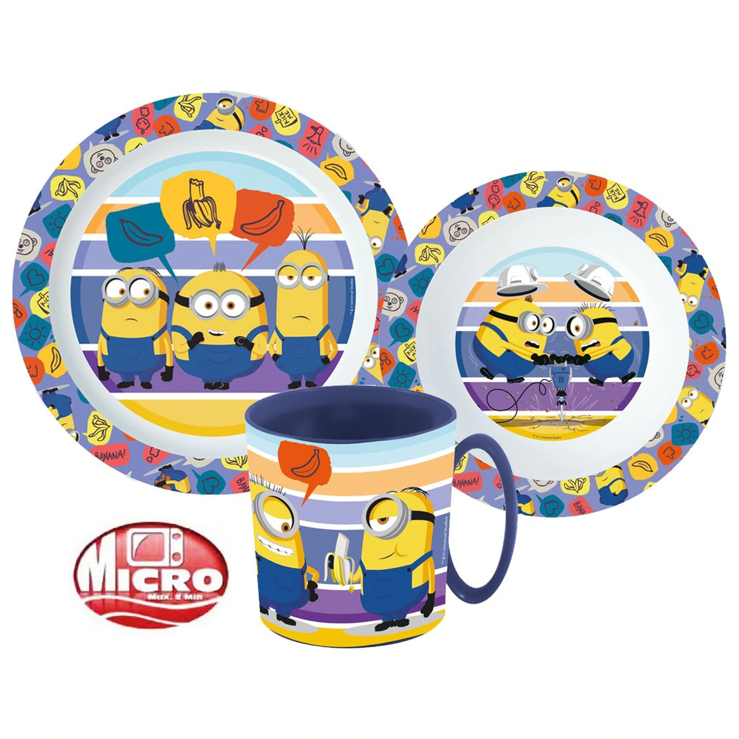 Minions črtast jedilni set, mikro plastični set s skodelico 350 ml fotografija izdelka