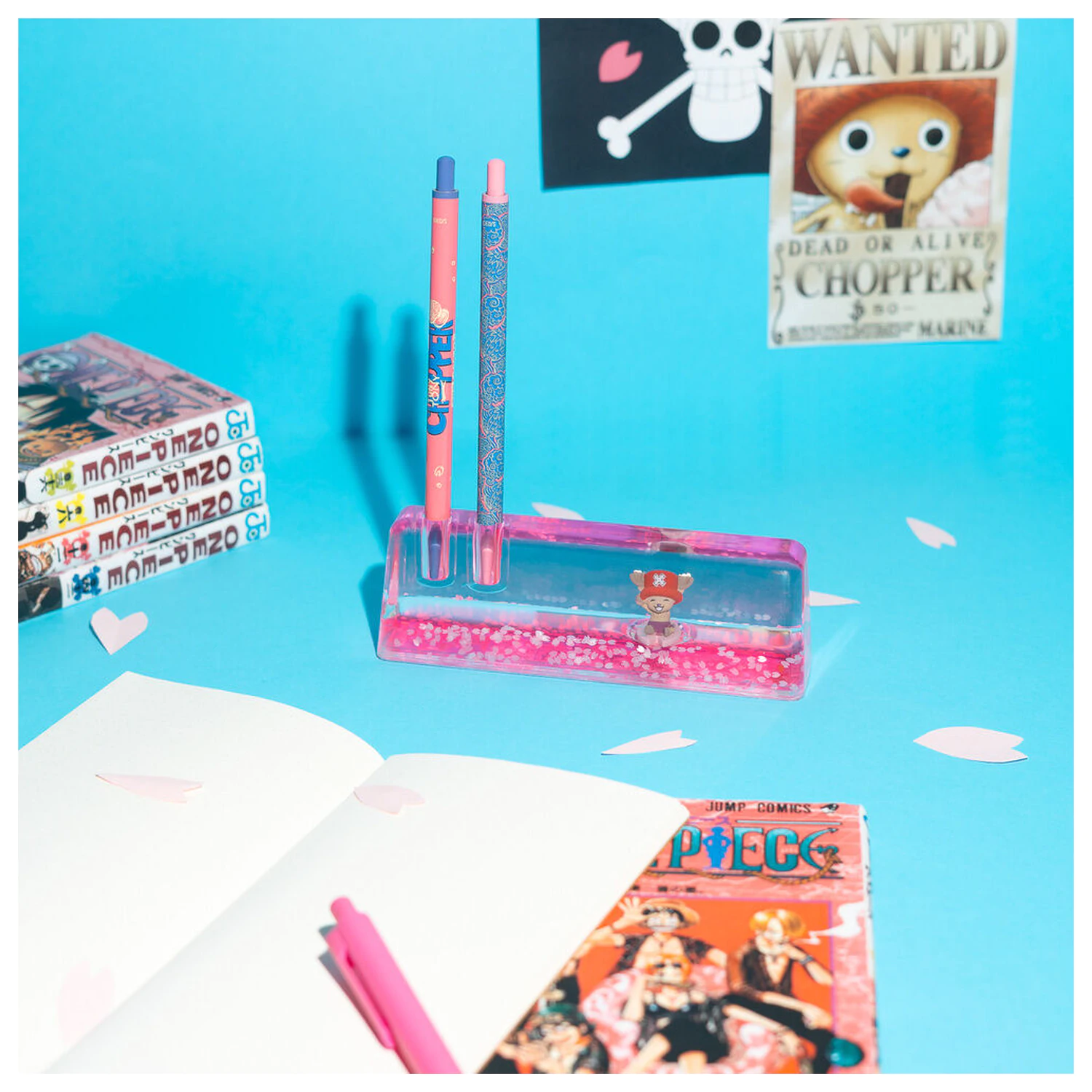 One Piece Chopper set svinčnika, peresa in akrilnega stojala fotografija izdelka