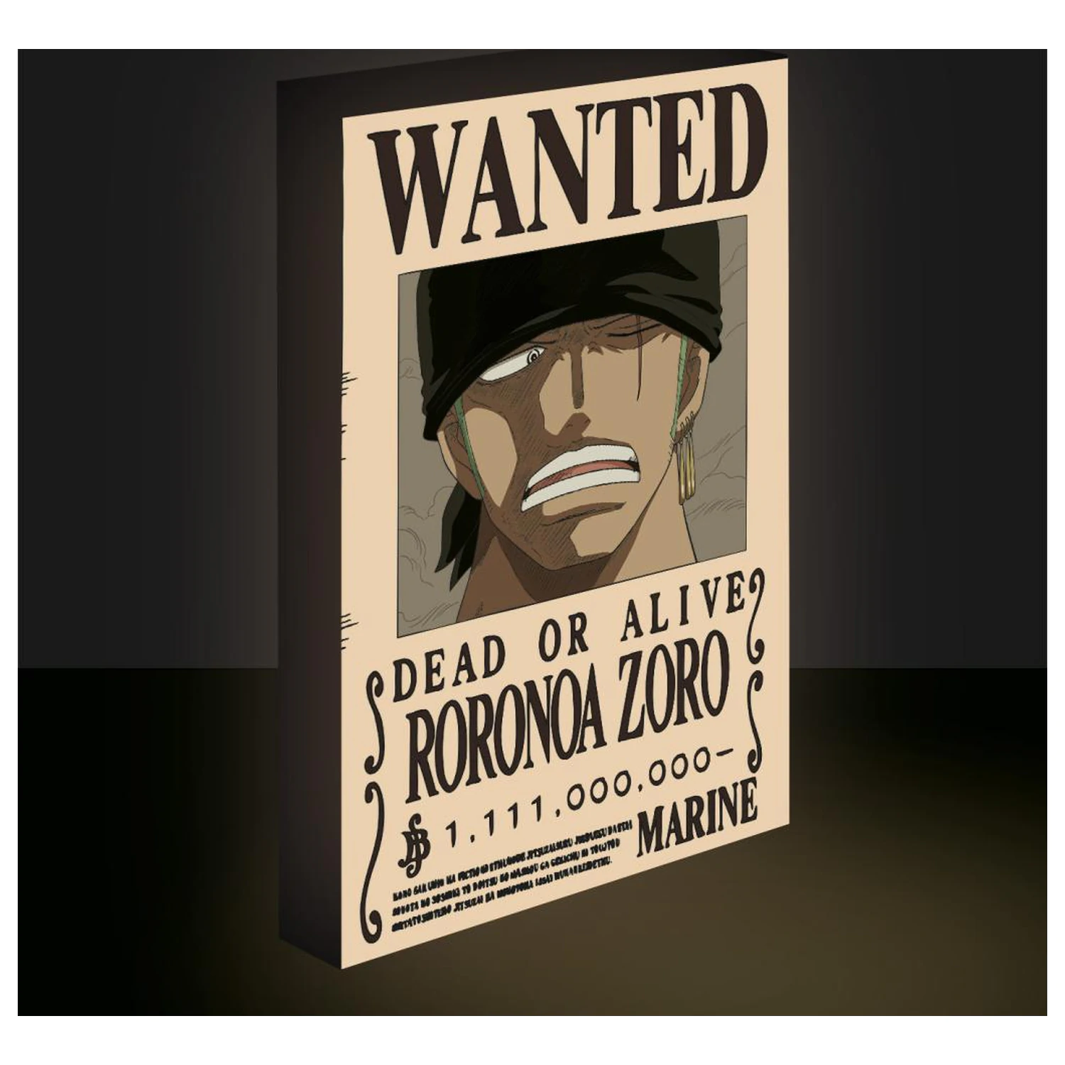 One Piece Zoro Wanted platno s svetlobo 40x30 cm fotografija izdelka