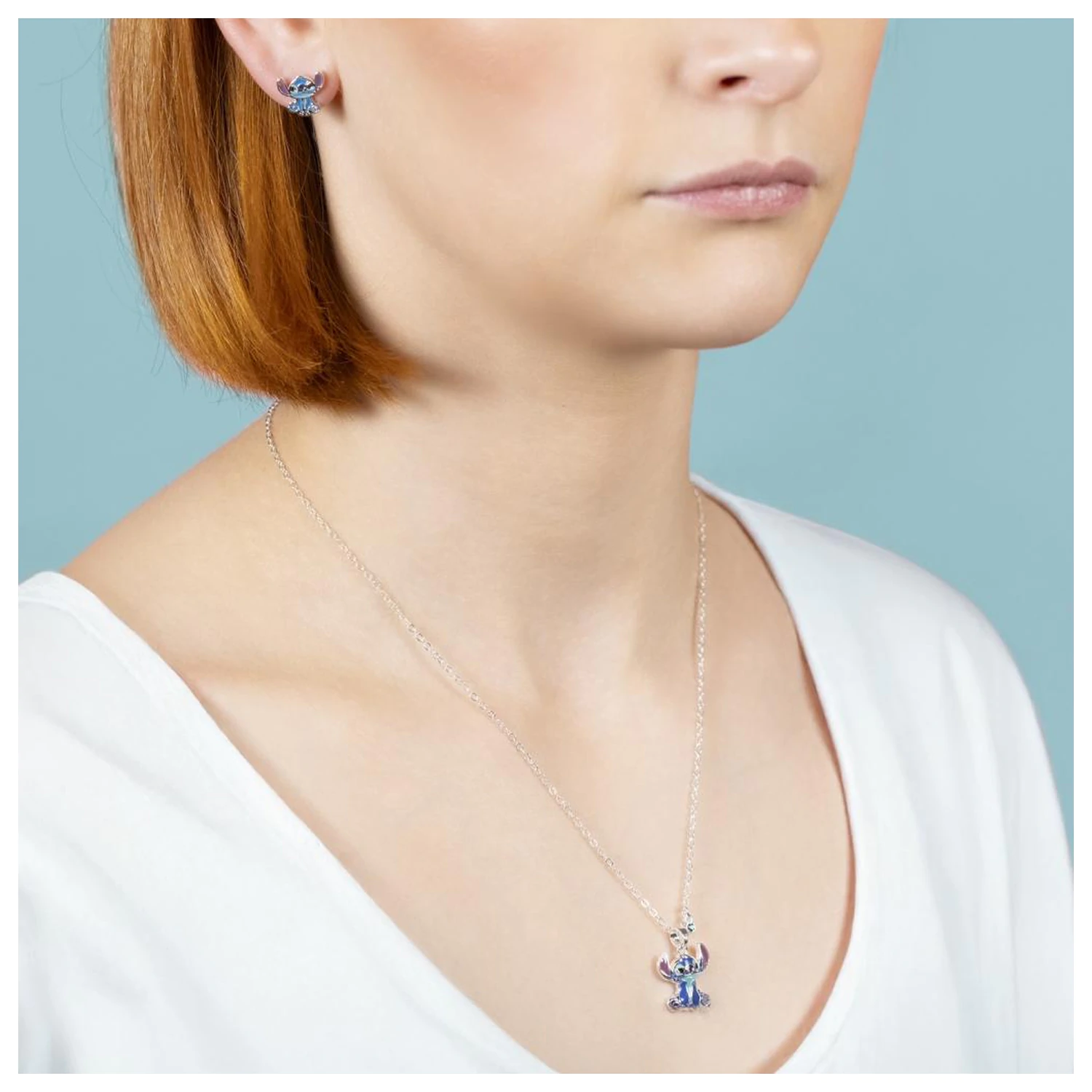 Stitch uhani in verižica komplet, platina medenina fotografija izdelka