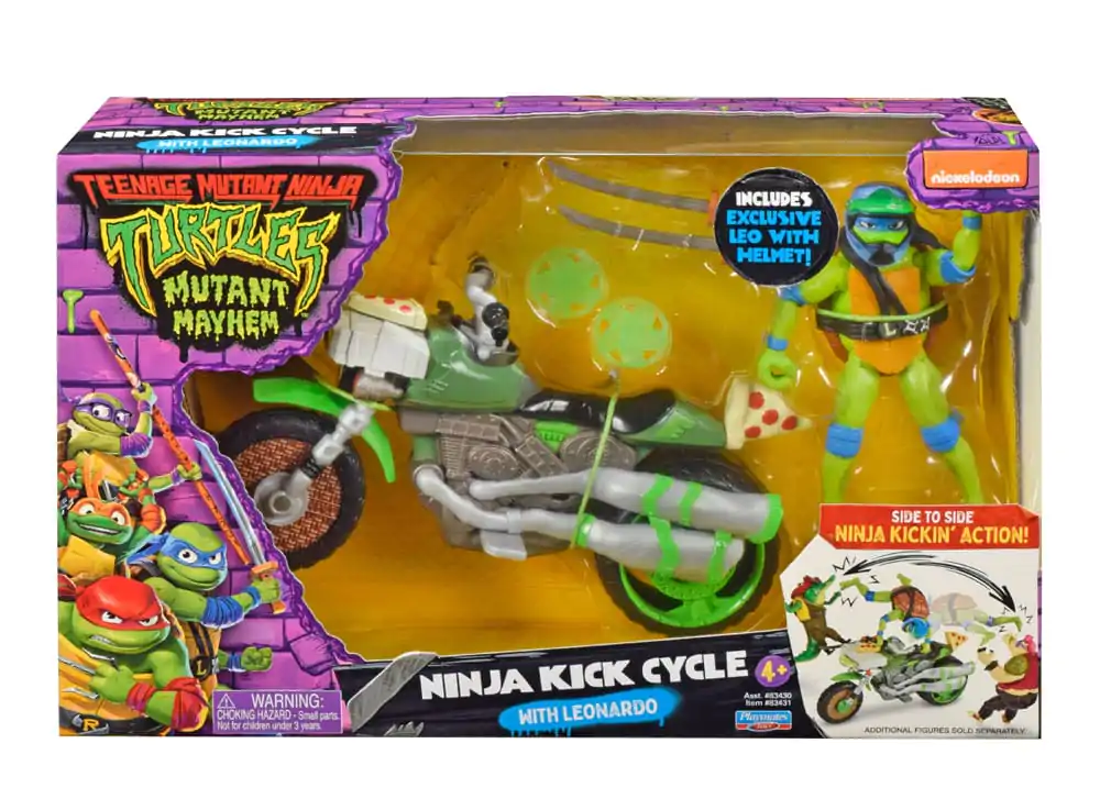 Teenage Mutant Ninja Turtles: Mutant Mayhem Drive N Kick akcijska figura Leonardo & motorno kolo 11 cm fotografija izdelka