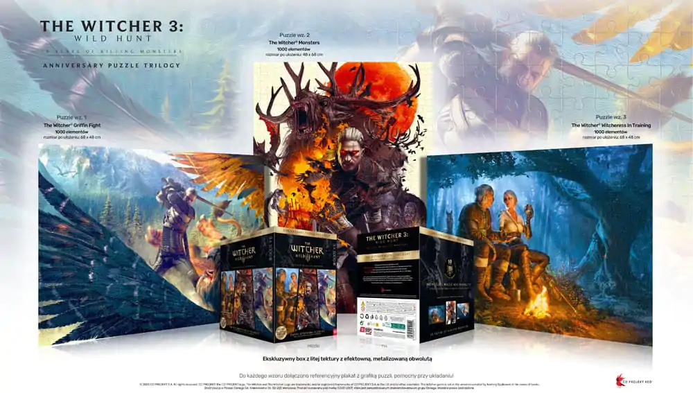 The Witcher 3 Puzzle Trilogy Wild Hunt 10 Years of Killing Monsters (3 x 1000 kosov) fotografija izdelka