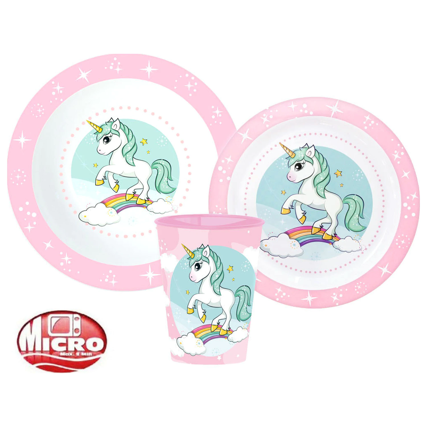 Unicorn Range jedilni set, Micro Plastic Set, s kozarcem 260 ml fotografija izdelka